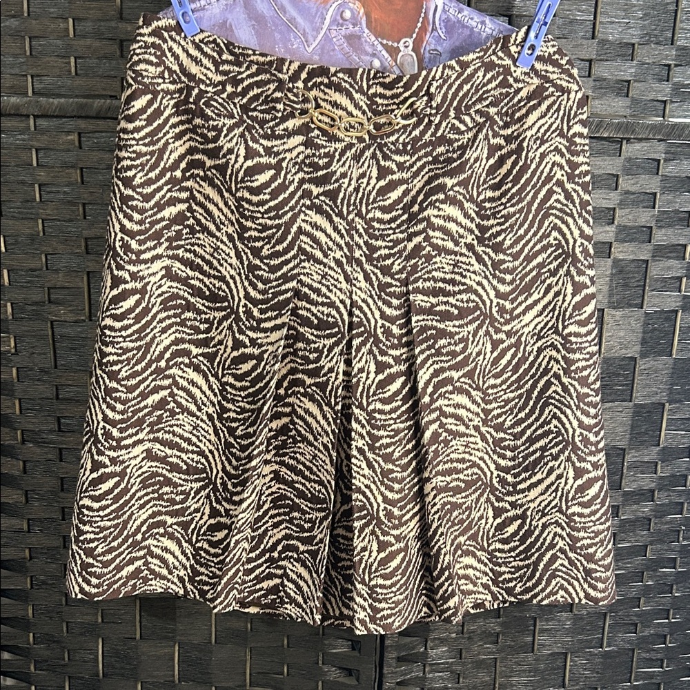 Ann Taylor Brown and Cream Zebra Print Skirt with Gold Chain Accent